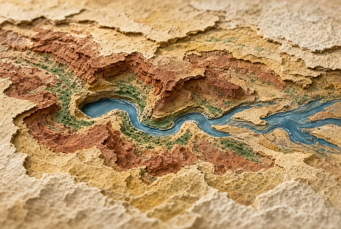 A handmade relief watershed with translucent blue channels crossing ochre contours