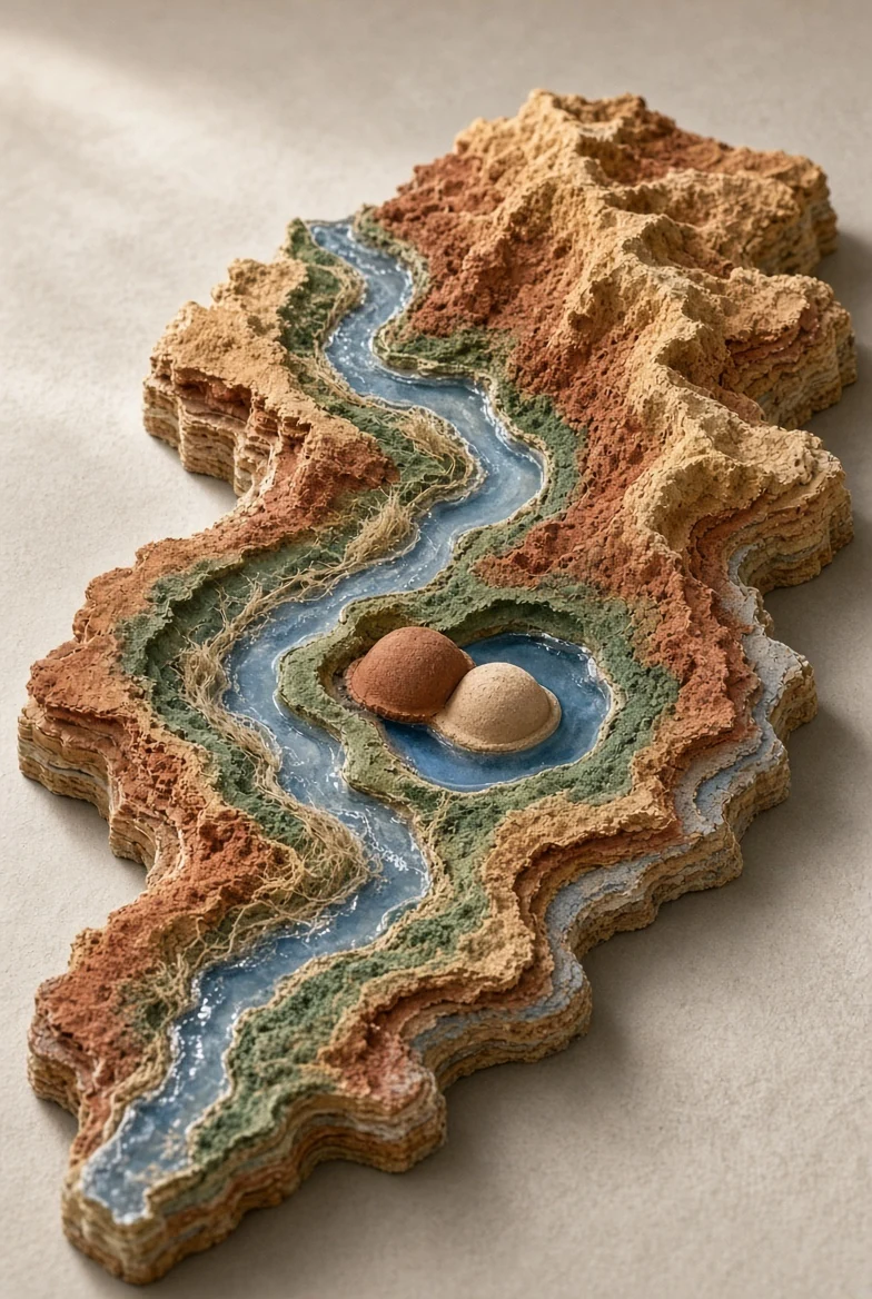 A vertical mineral seam shaped from paper, clay and translucent water
