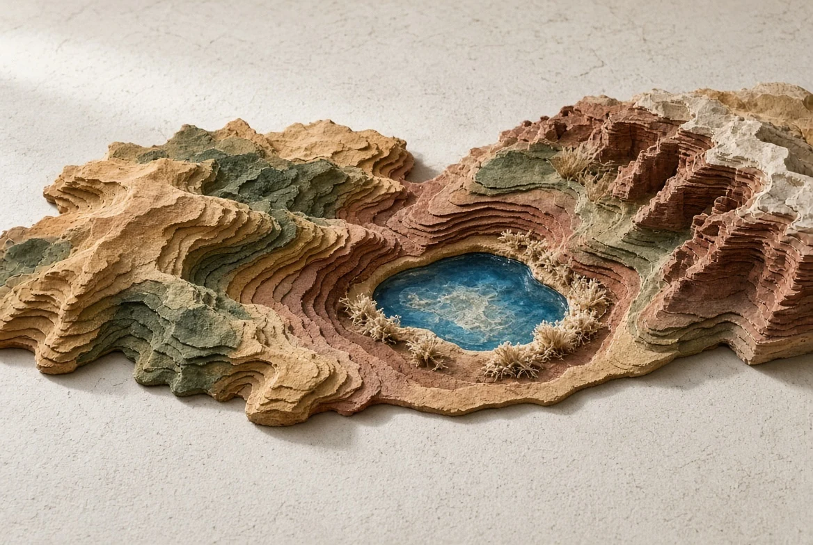 Four translucent water pieces arranged around a finite clay basin
