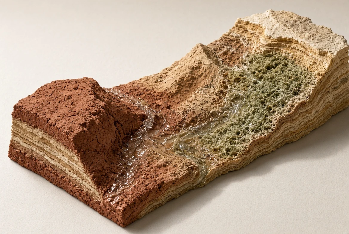 A clay soil cross-section showing dense and open pore structures