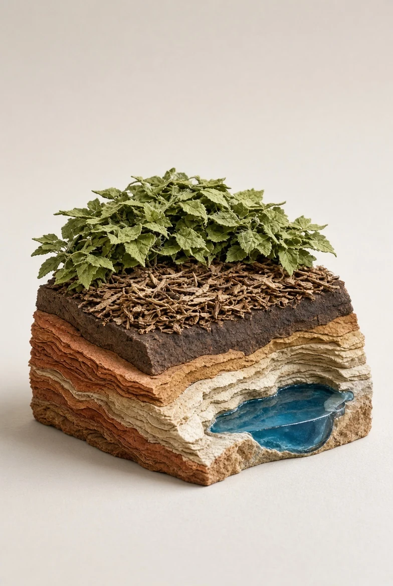 Layered shade, mulch and root textures around a blue resin flow