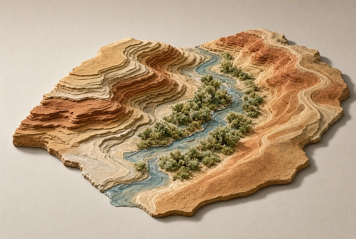 Grouped clay plants arranged along a narrow water-wise terrain strip