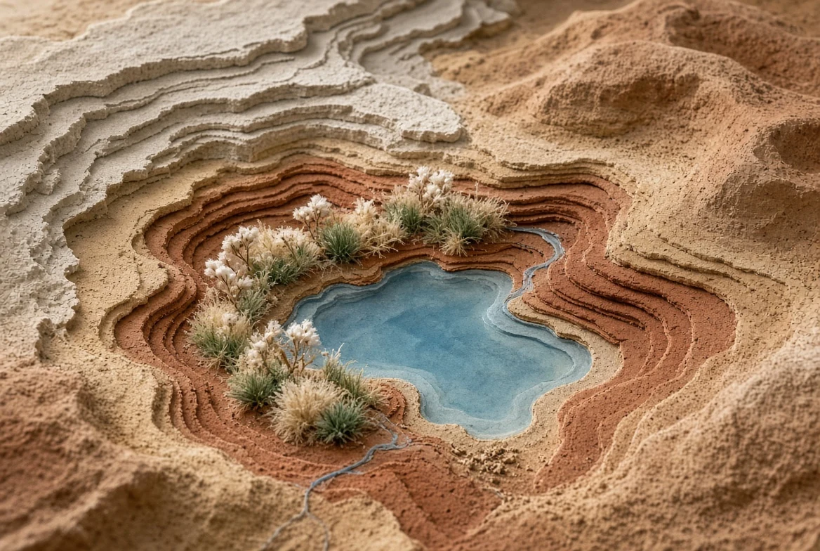 A four-part shared reserve basin made from limestone and translucent resin