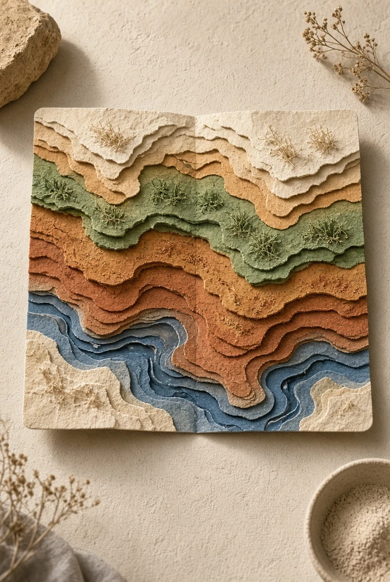 Separate paper and clay layers representing distinct water-related institutions