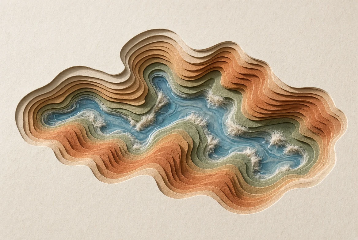 An abstract sample hydrograph formed as a raised blue relief line