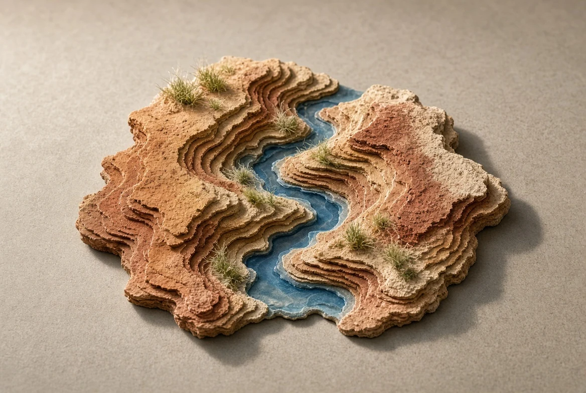 Four physical flow tokens beside a relief basin