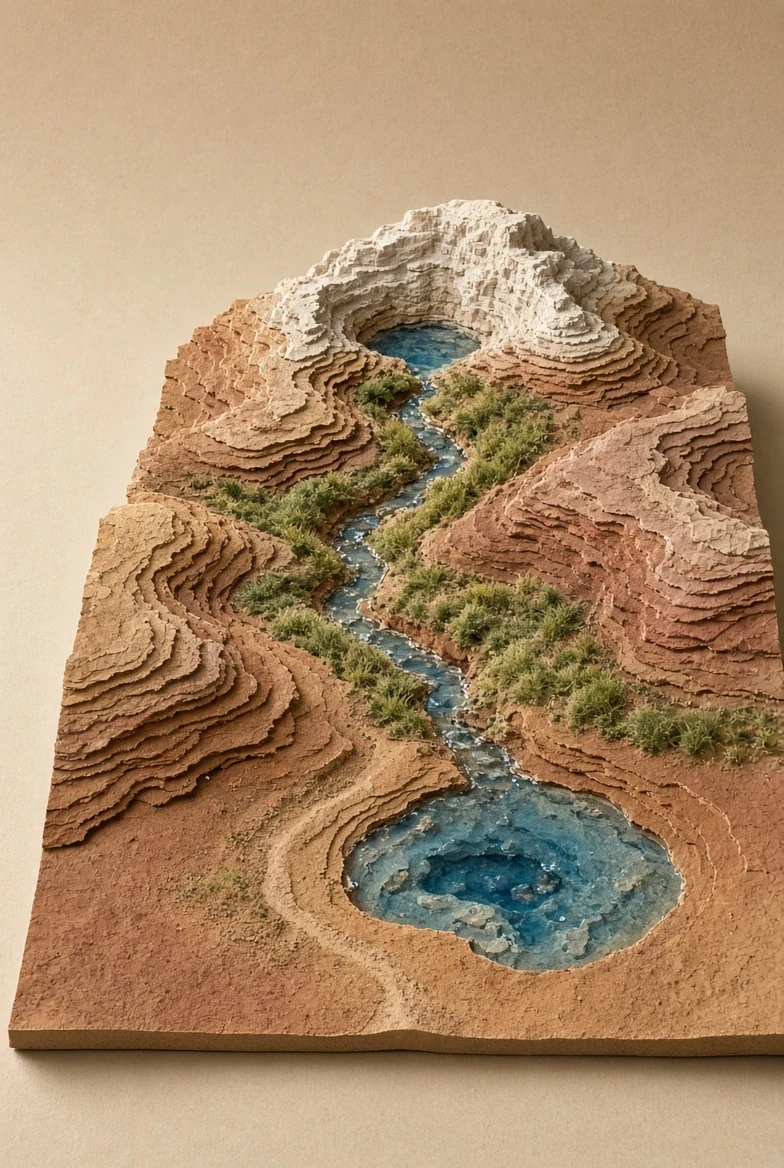 A blue source thread passing through stacked paper reference layers